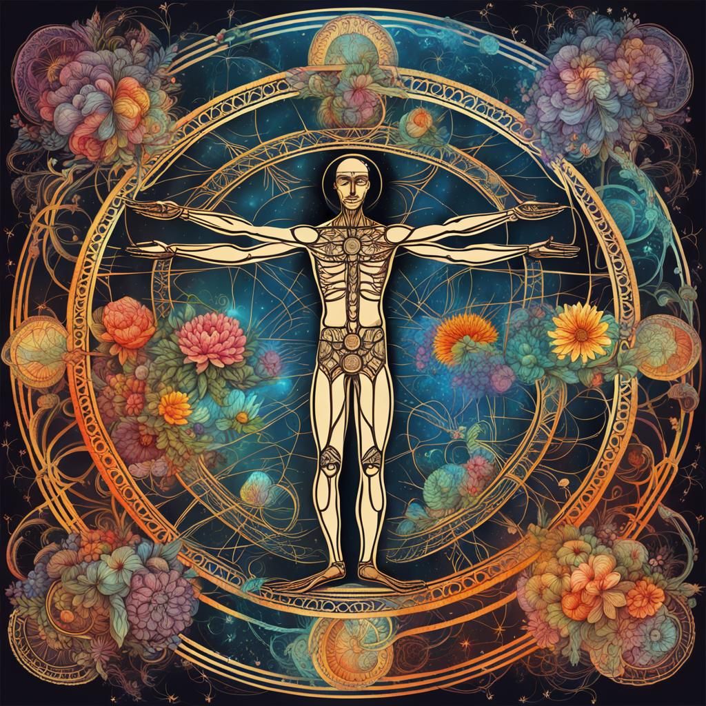 Cosmic Floral Vitruvian Man: Psychedelic Art