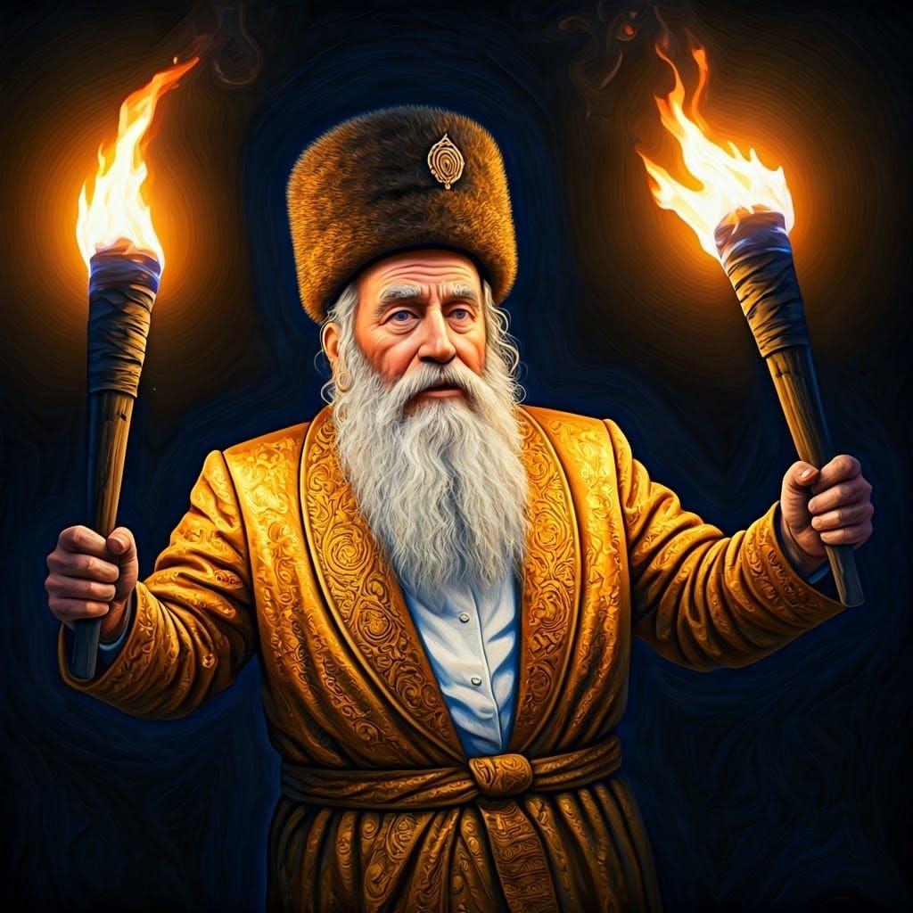 Hassidic Jew Dancing with Fire, in Chagall Style