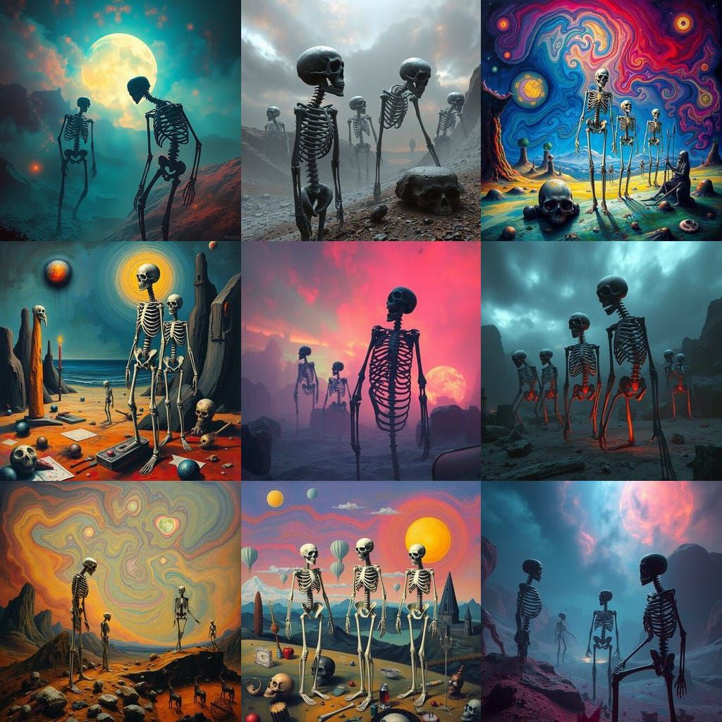 Surreal Skeletons in a Dreamlike Scene