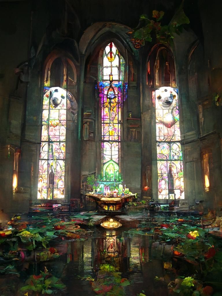 Elaborate Dog Church Interior with Stained Glass