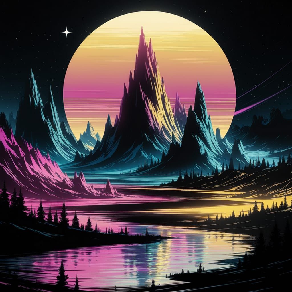 Vibrant Iridescent Landscape in Purple and Gold