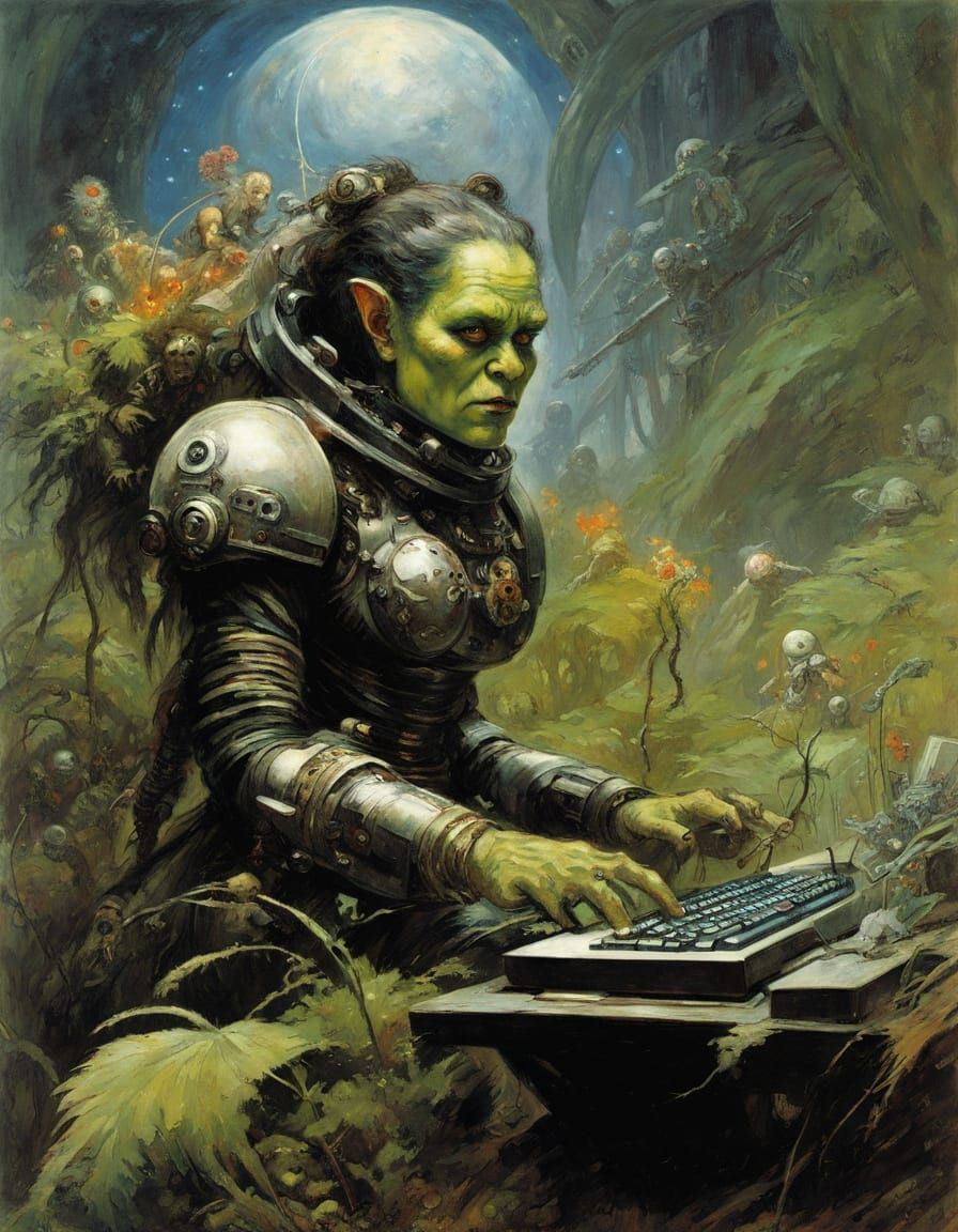 Cyberpunk Woman Typing Among Alien Flora