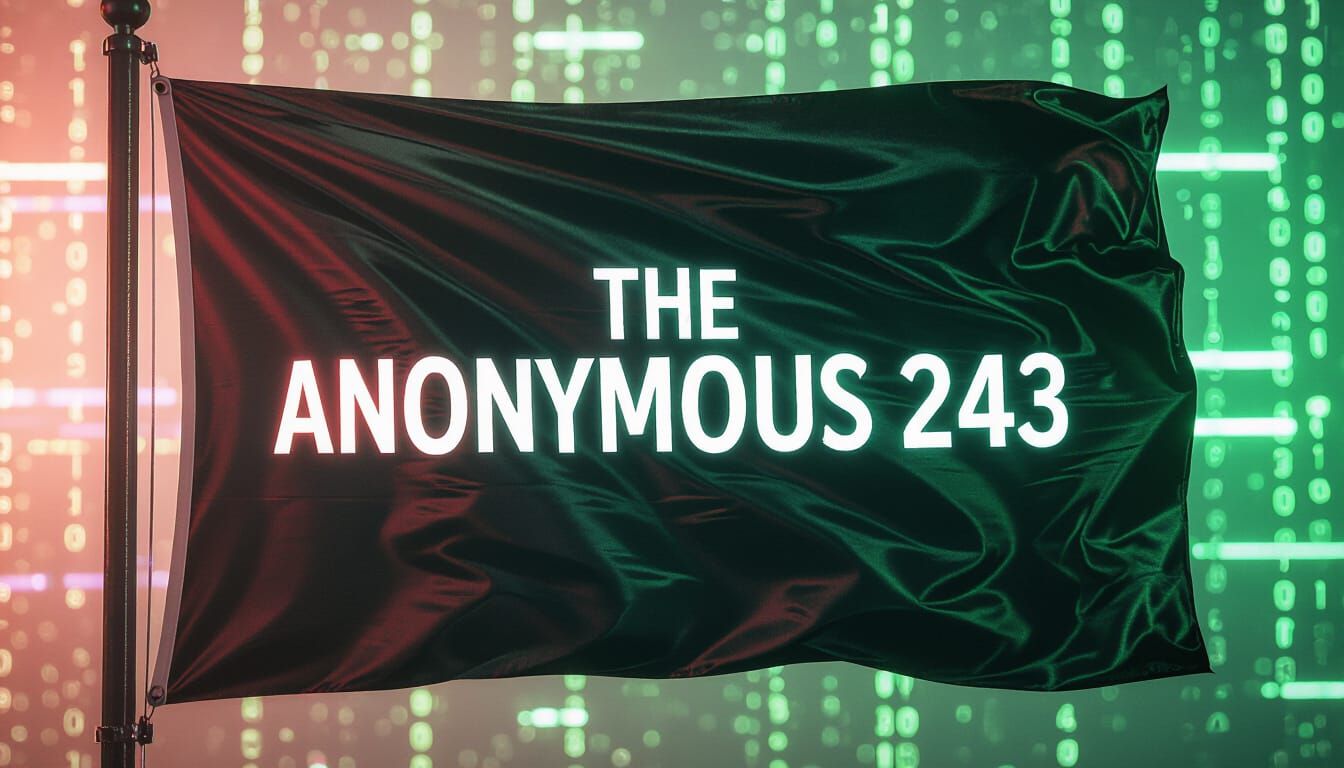 Black Flag Waving with Glitching Text in Cyberpunk Style