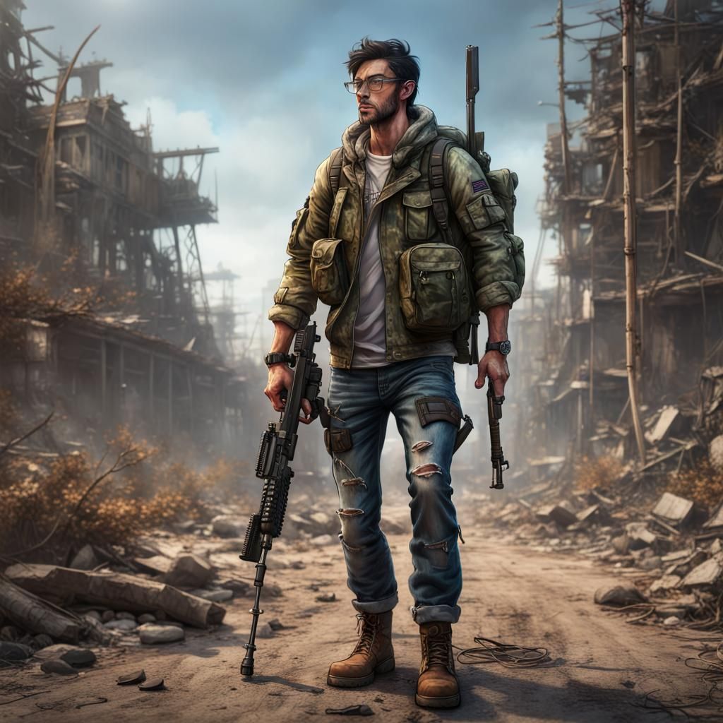 Post-Apocalyptic Man with Rifle in Detailed Matte Painting
