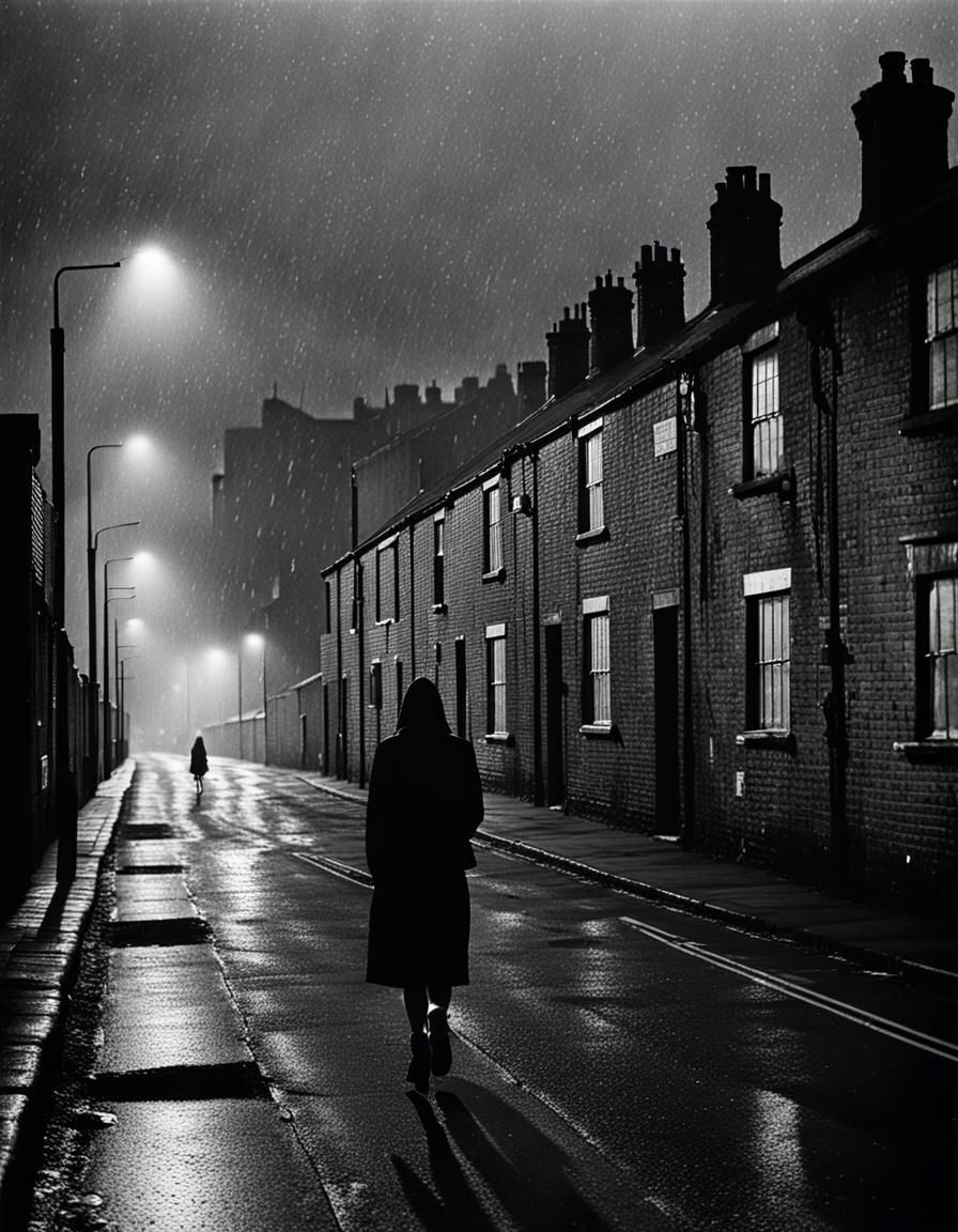 Gritty Monochrome Street Scene with Distant Figure