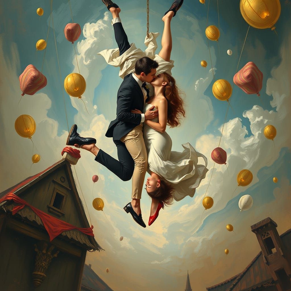 Upside-Down Kiss in Dreamlike Surrealist Style