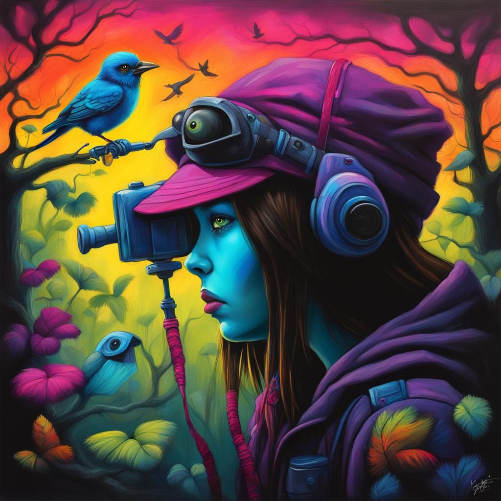 Vibrant Birdwatcher with Glowing Foreground