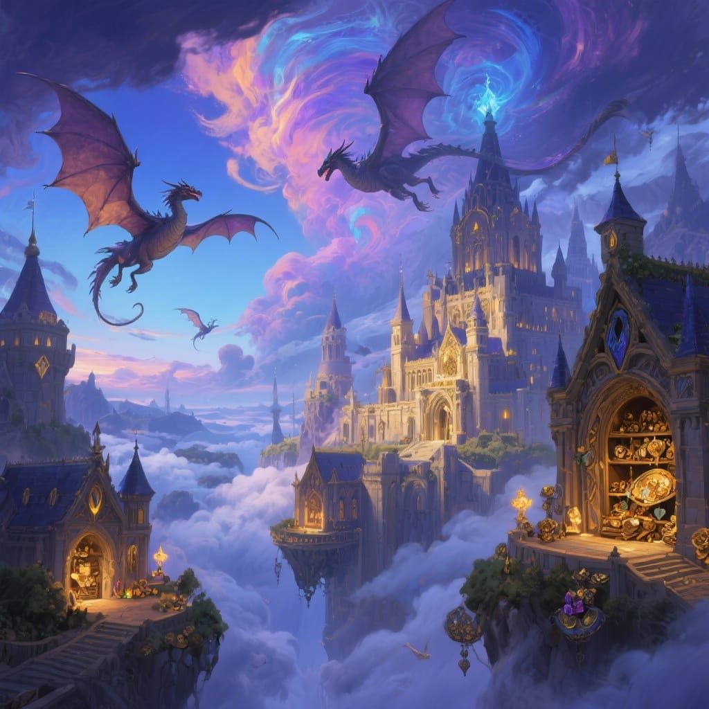 Fantasy Castles in Clouds with Dragons, Concept Art