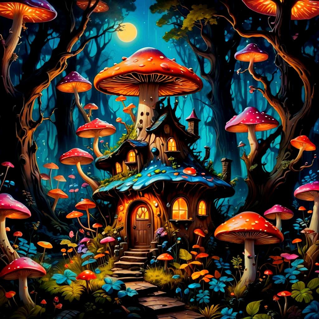 A fairy mushroom house in an enchanted bioluminescent forest...