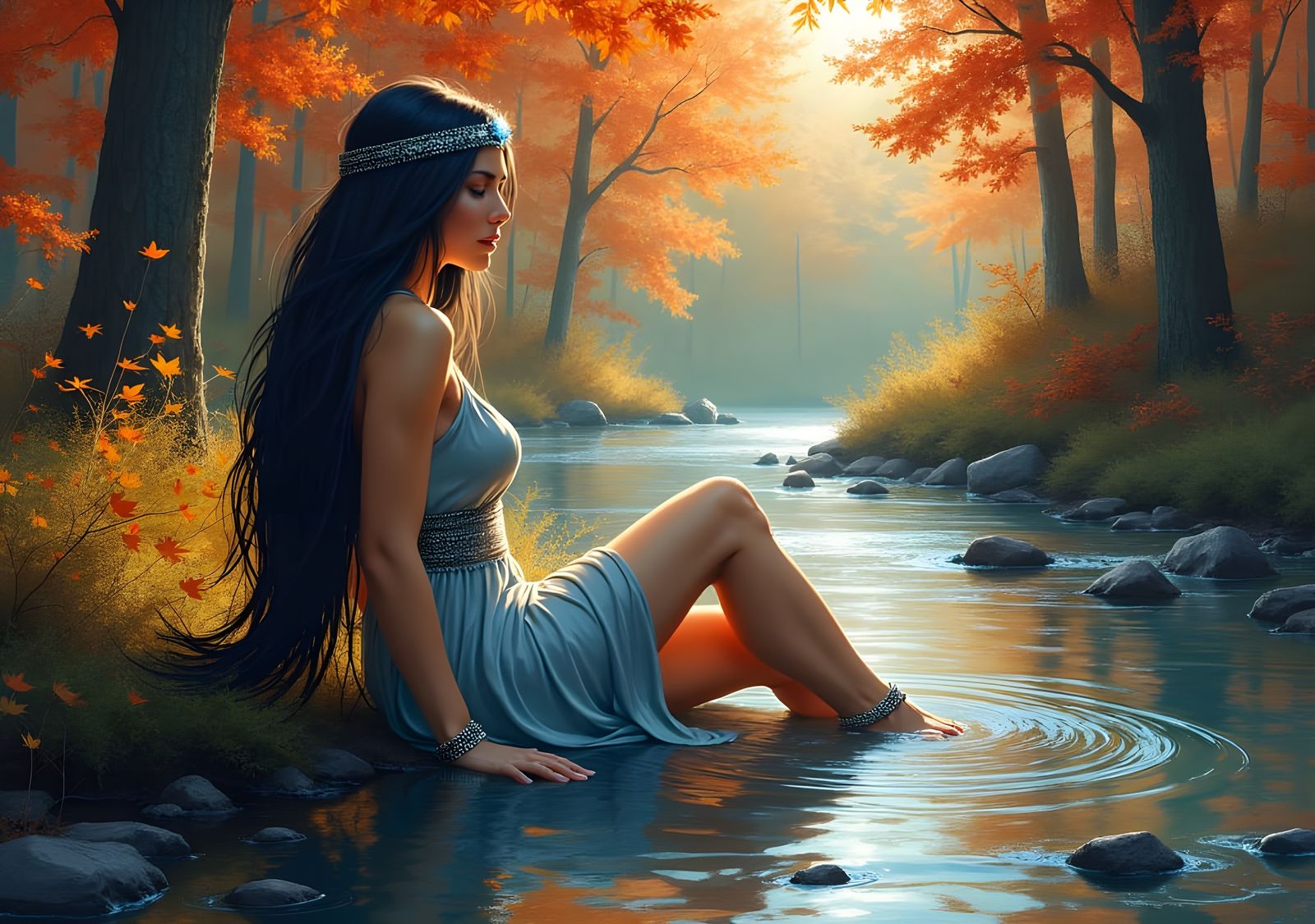 Vör Goddess Reclines by Woodland Stream as Oil Painting