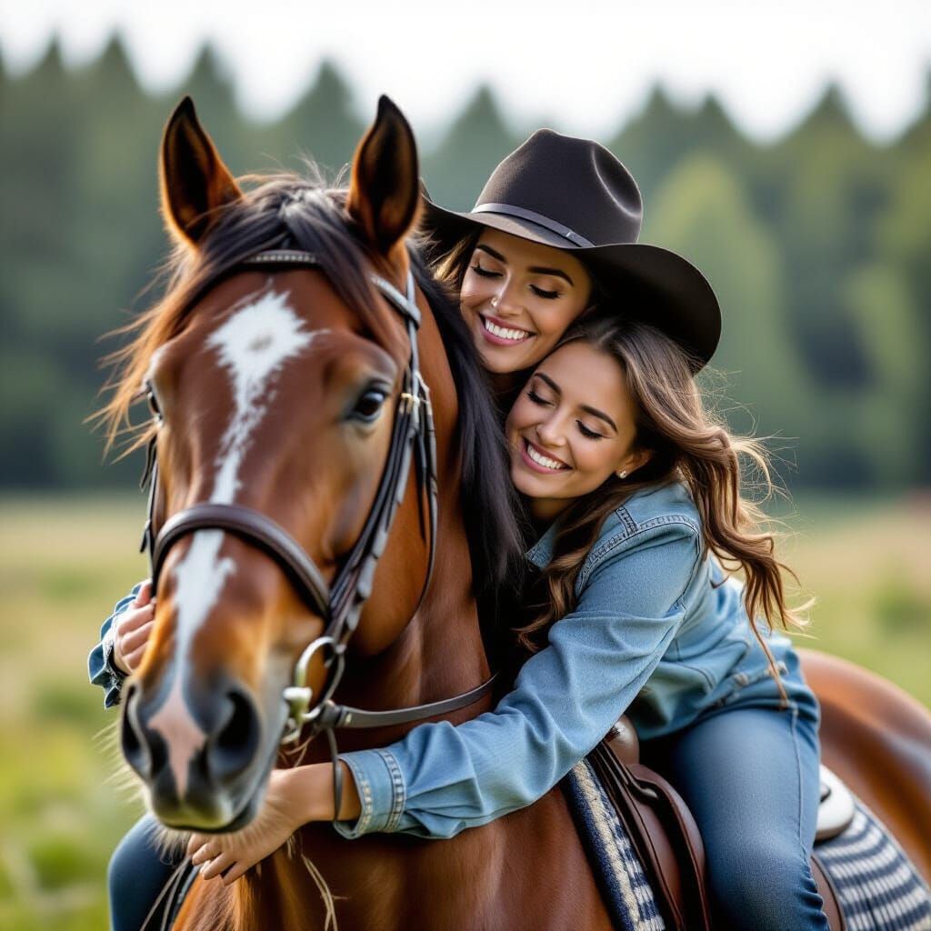 Rider astride horse hugging her horses neck