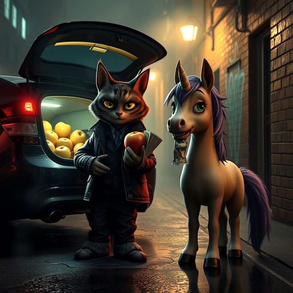 Surreal Backstreet Apple Deal in Neon Alleyway