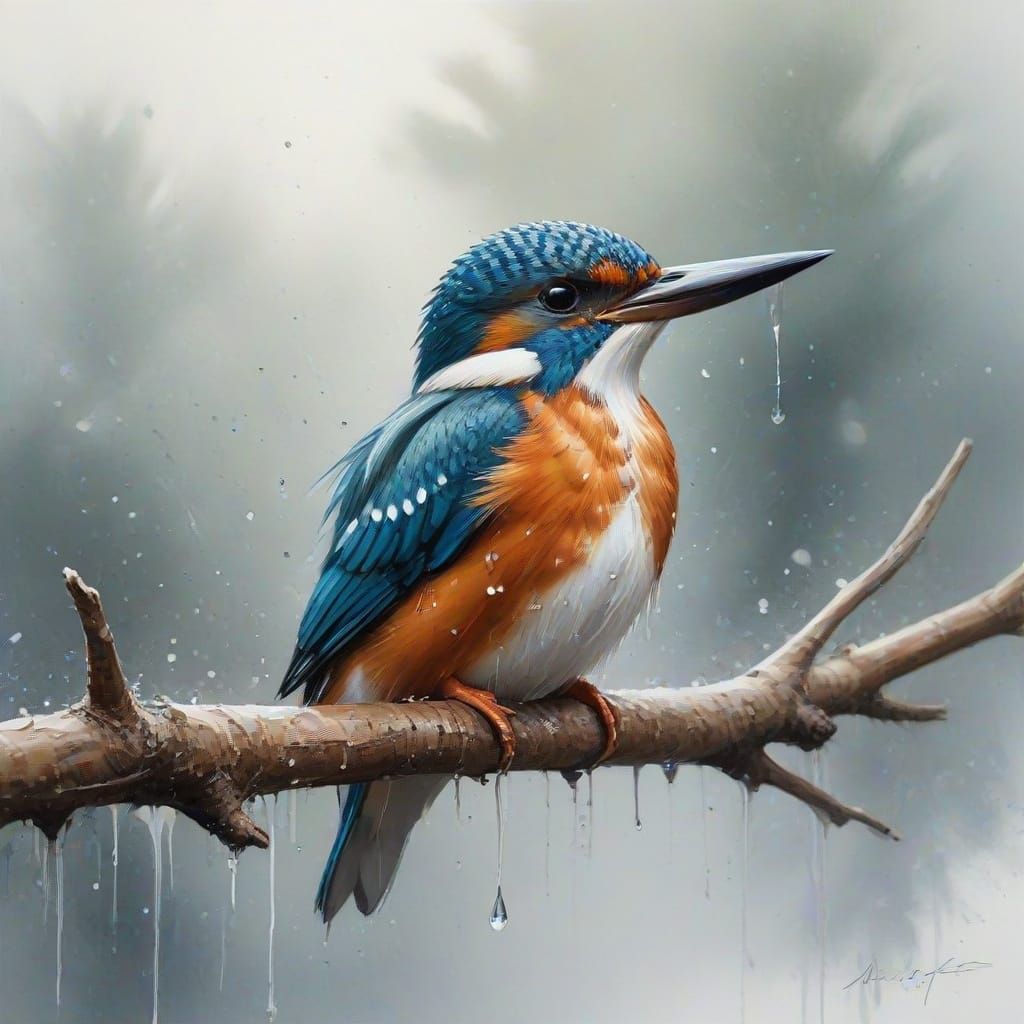 Tiny Kingfisher Over River, Neo-Impressionist Oil Painting