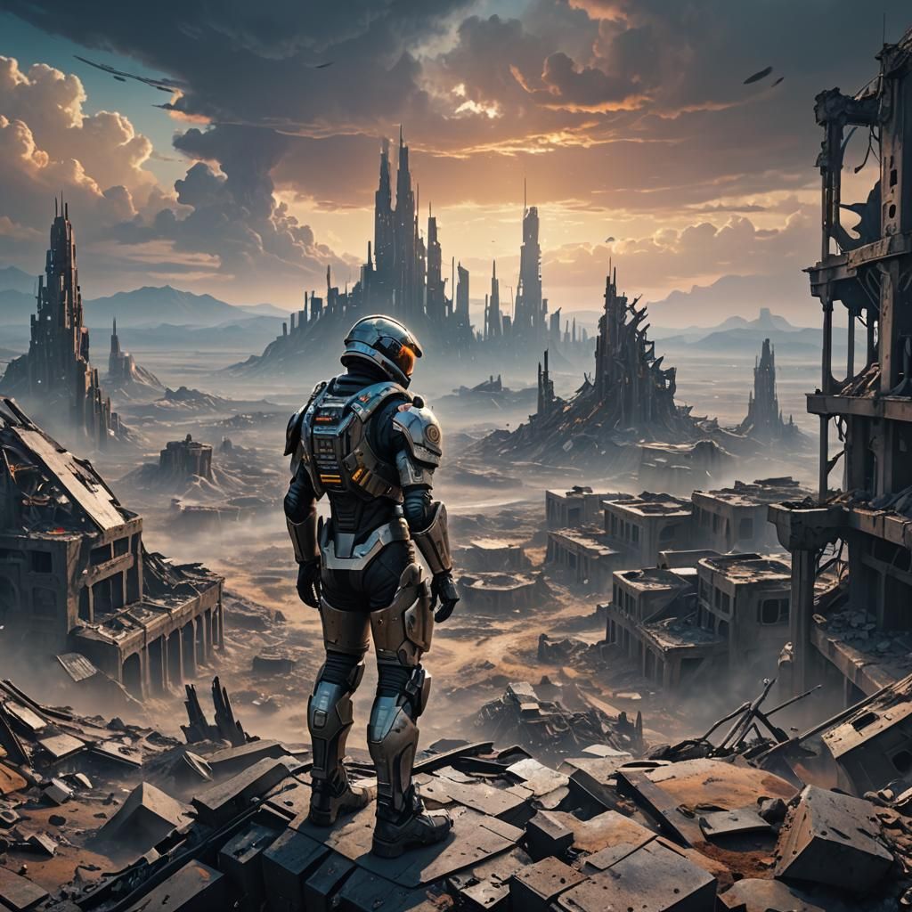 Futuristic Soldier Overlooking Wasteland in Digital Matte Pa...