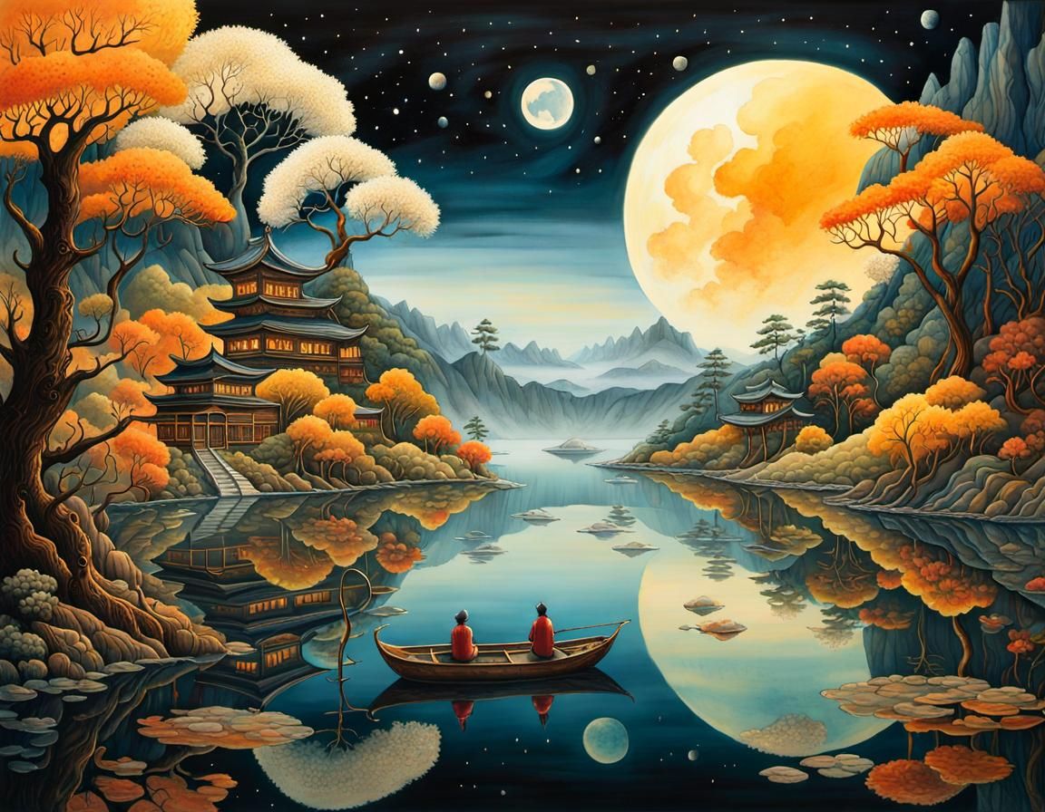 Surreal Burning House Reflection in Watercolor and Ink