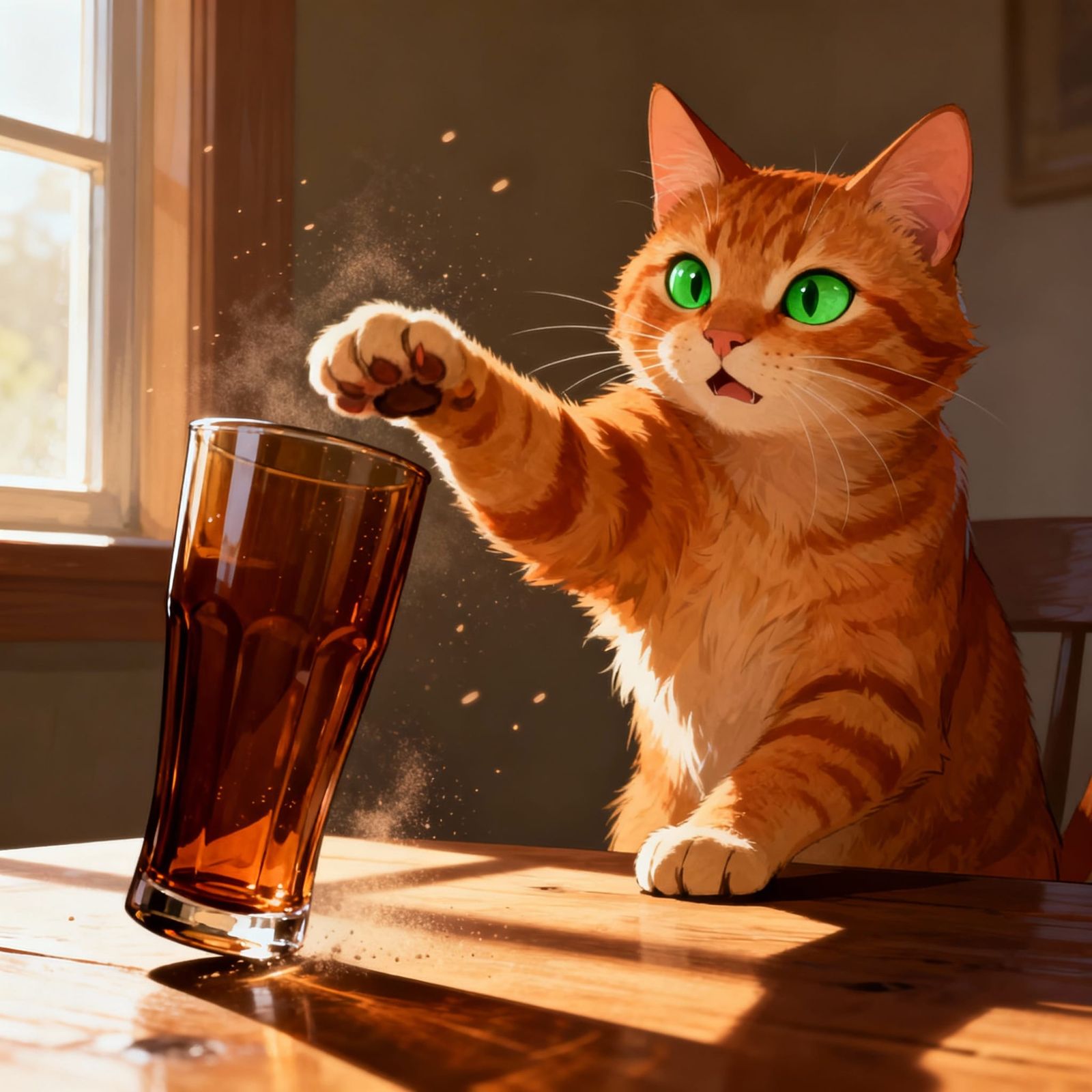 Ginger Cat Knocks Over Brown Glass