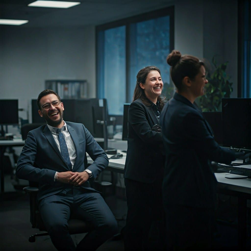 Office Staff Laughter Therapy in Film Grain Style