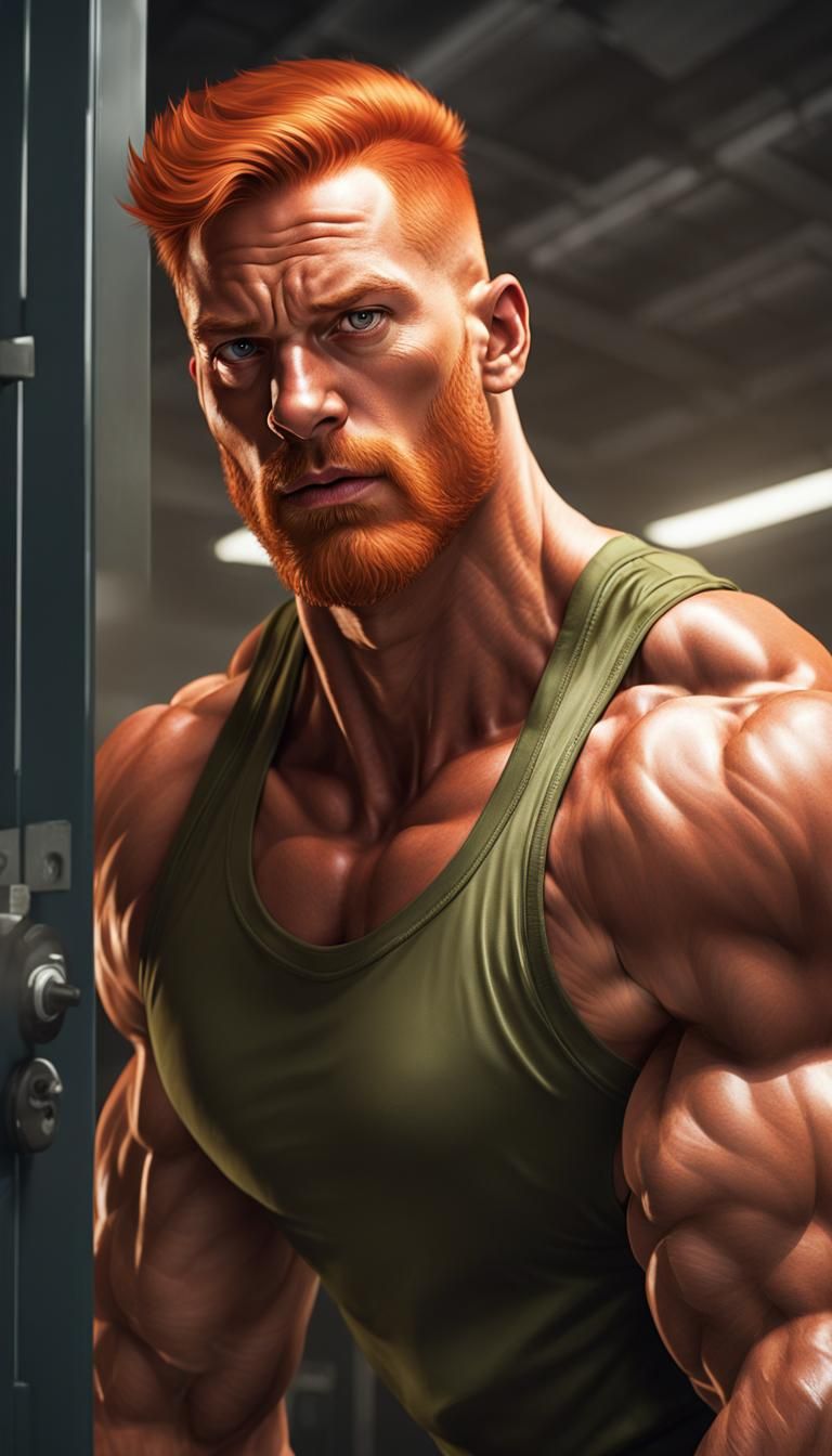 Muscular Ginger Bodybuilder Flexing in Locker Room