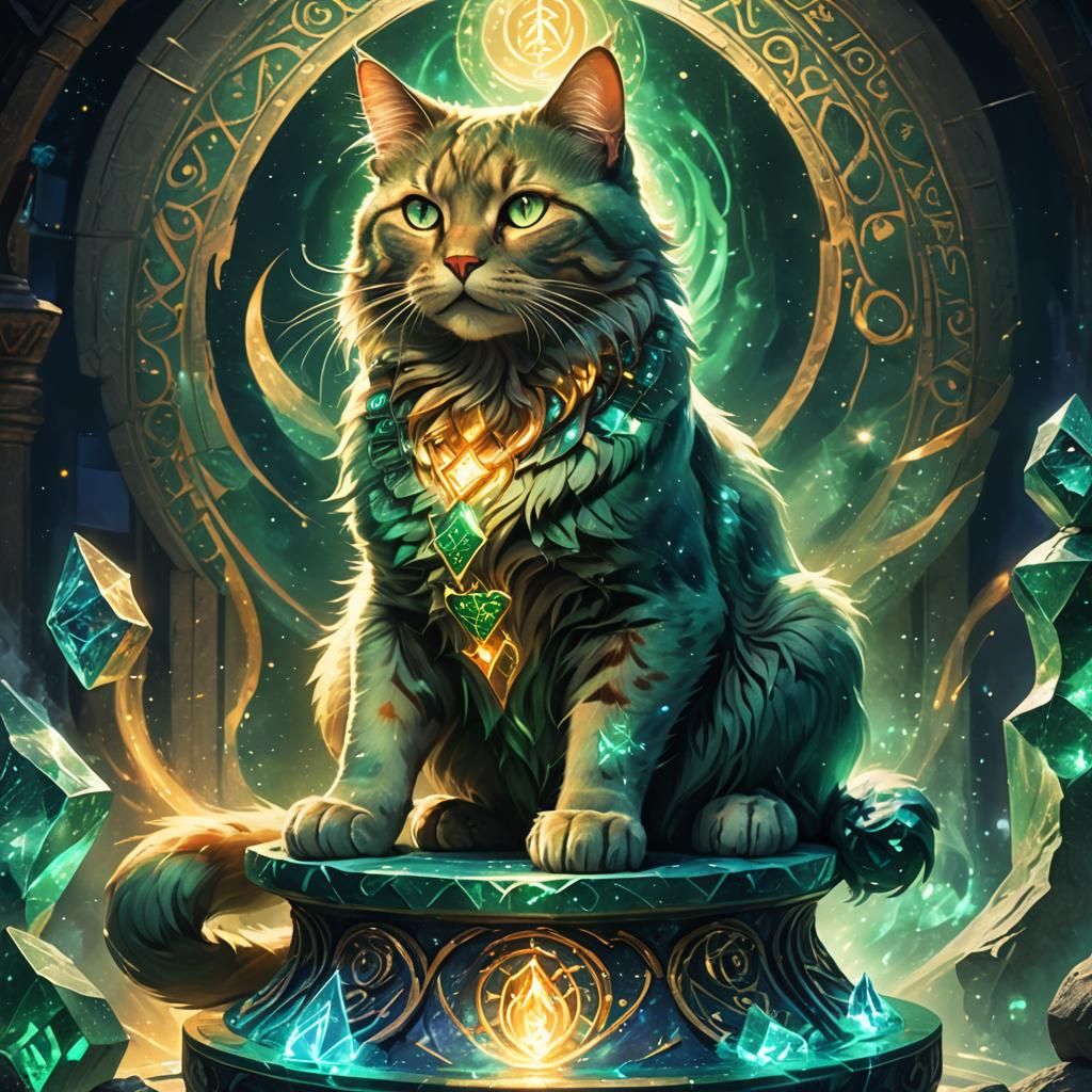 Mystical Fire Cat on Crystalline Pedestal