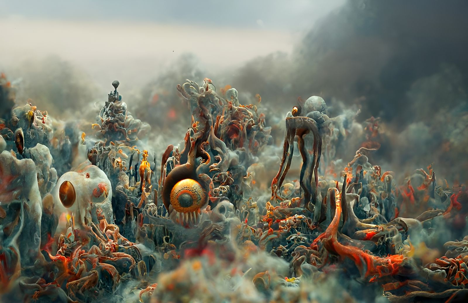 Lovecraftian Biomechanical Hellscape in Digital Illustration