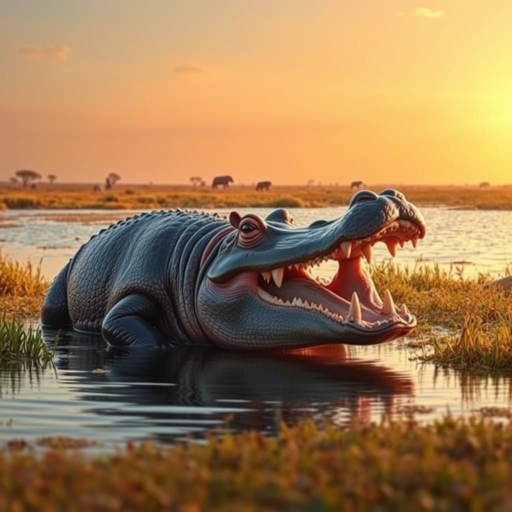 Hippopotamus-Crocodile Hybrid on the Savannah