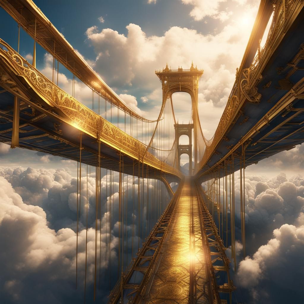 Golden Bridge Suspended in Clouds: Fantasy Concept Art