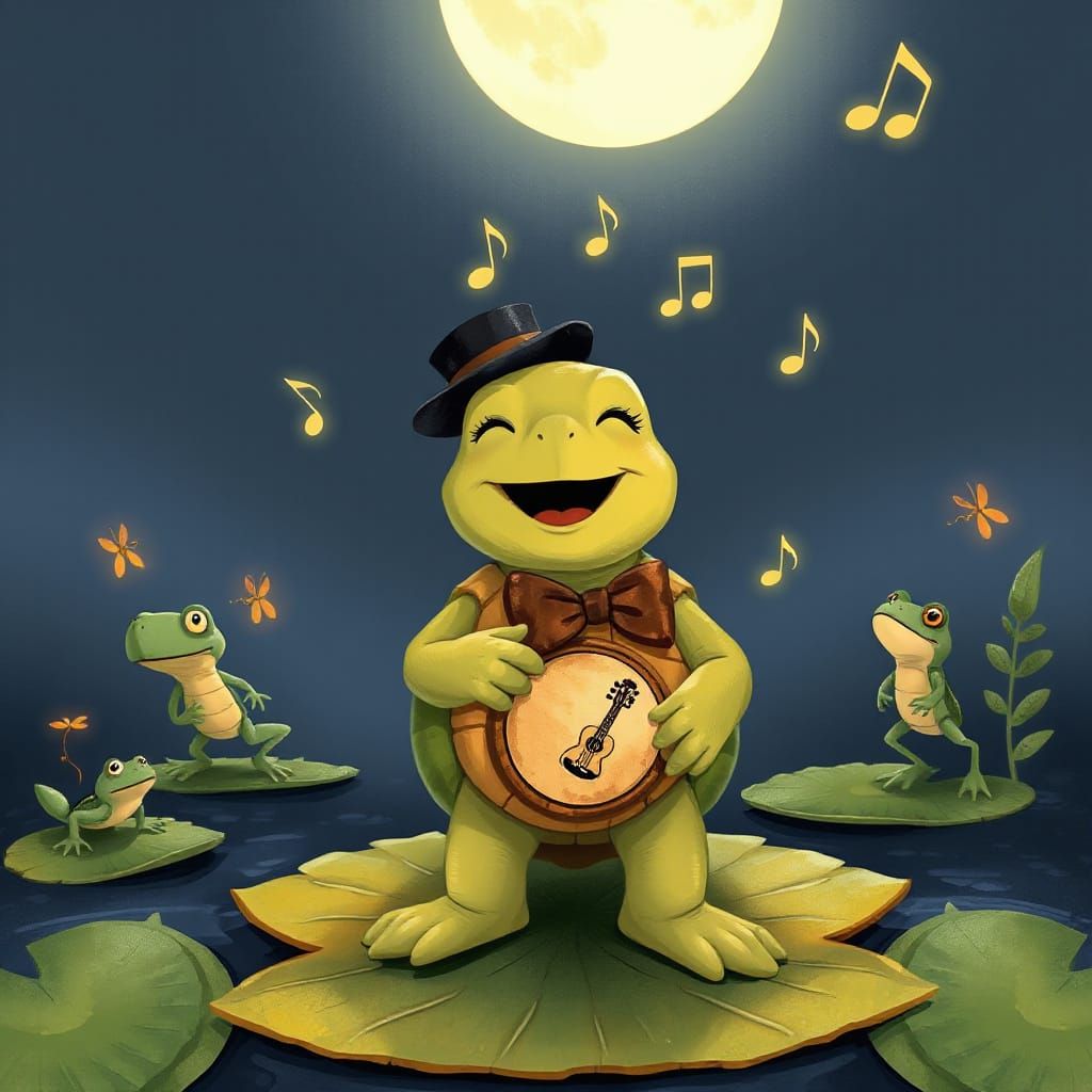 A cheerful cartoon turtle standing on a lily pad with eyes closed, mouth wide open in song, wearing a little bowtie and ...