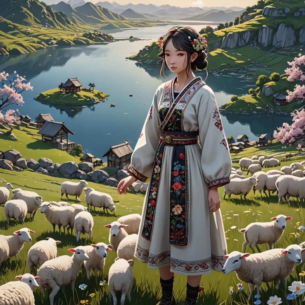 Anime Girl with Sheep in Spring Meadow