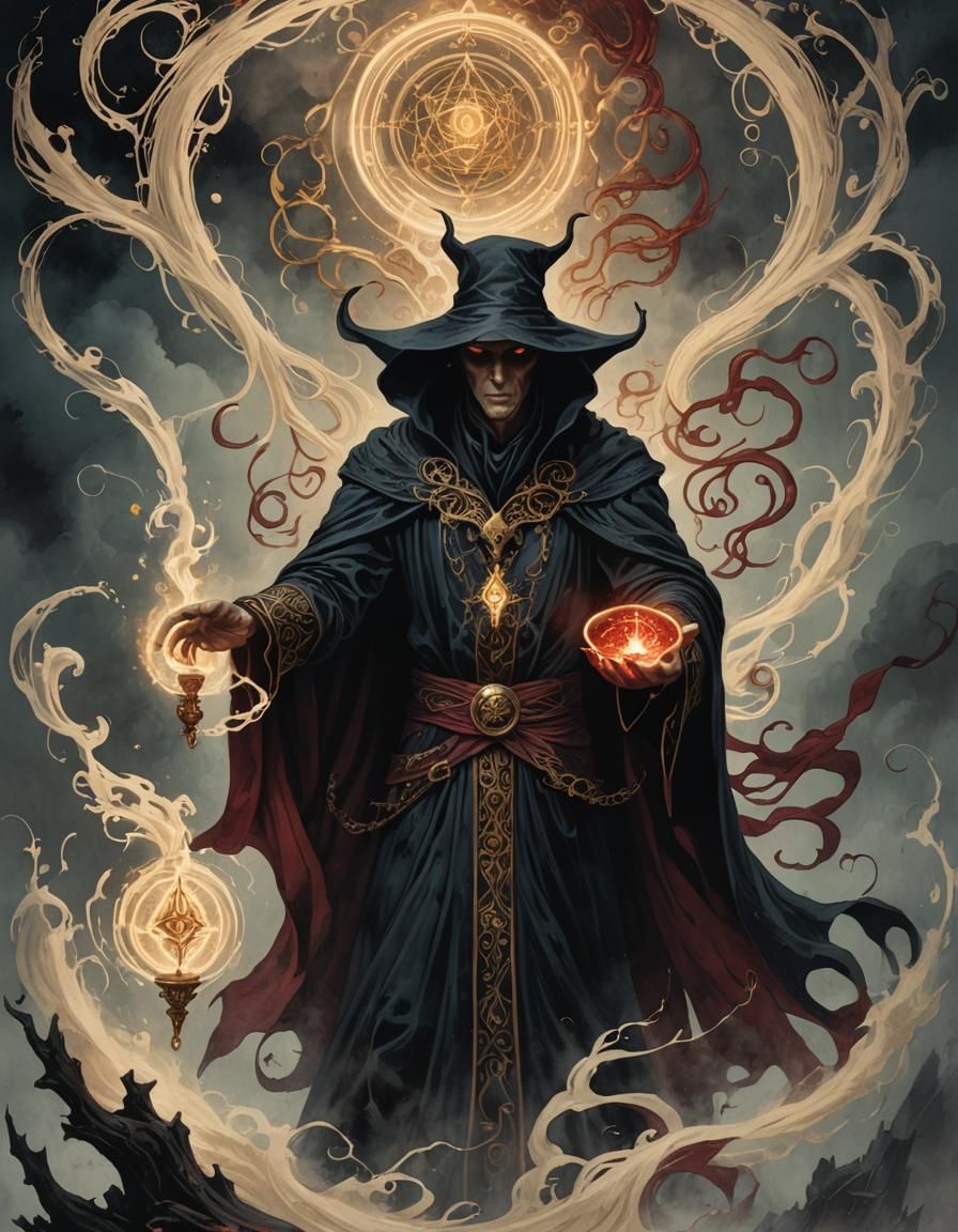Eldritch Sorcerer Tarot Card: Ink Illustration