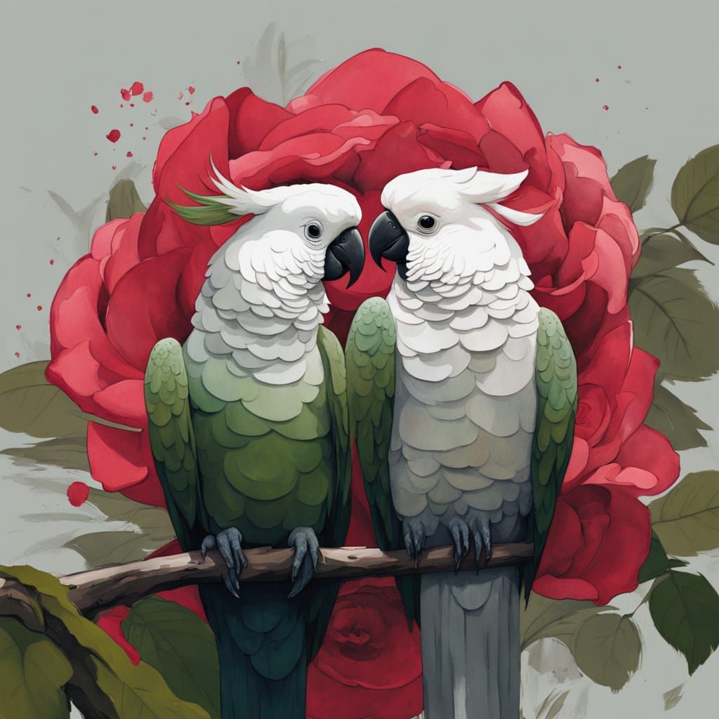 Ink Wash Painting of Rose and Cockatoo