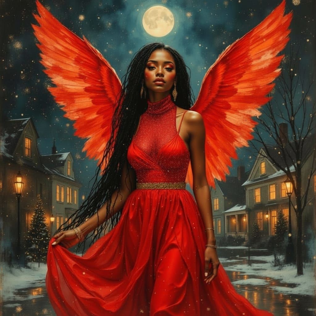African Christmas Angel in Red Dress Flies Down Street