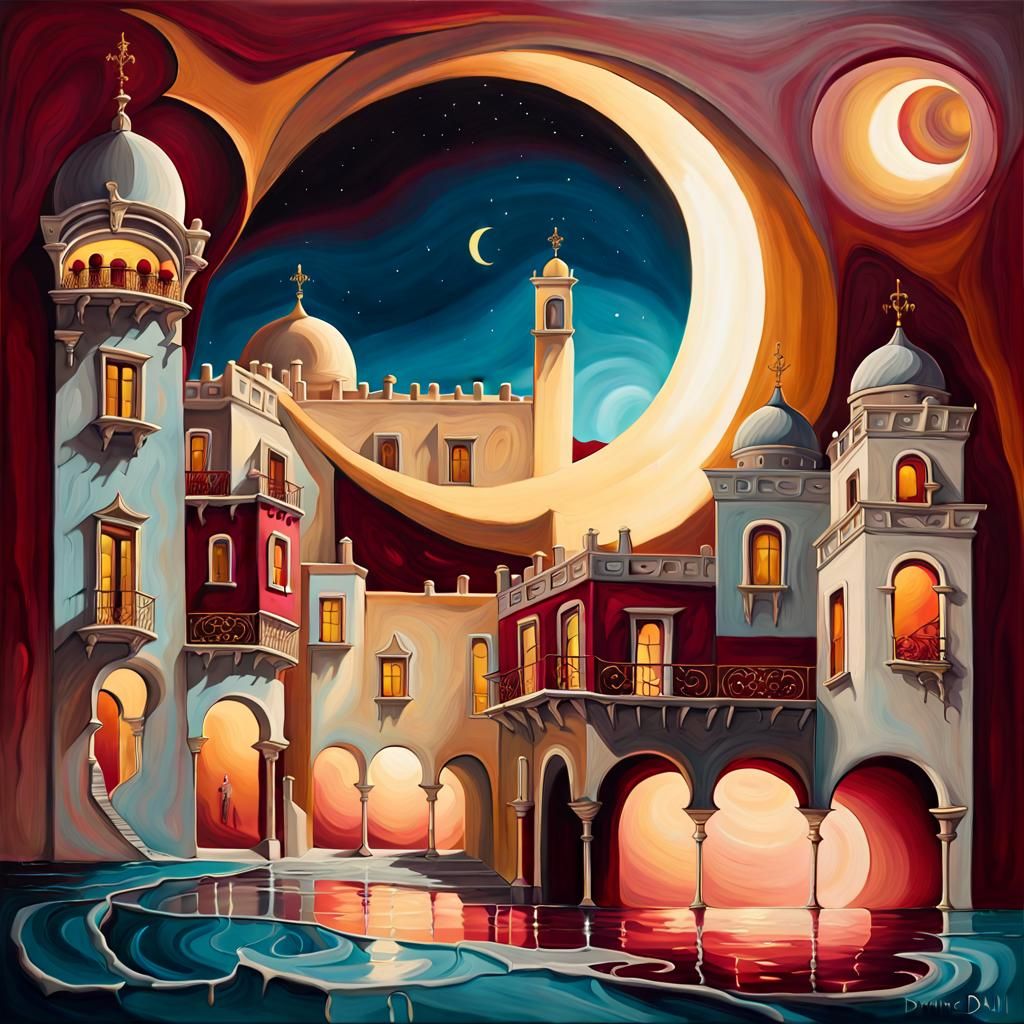 Cretan Moon: A Surreal Oil Painting in Dali Style