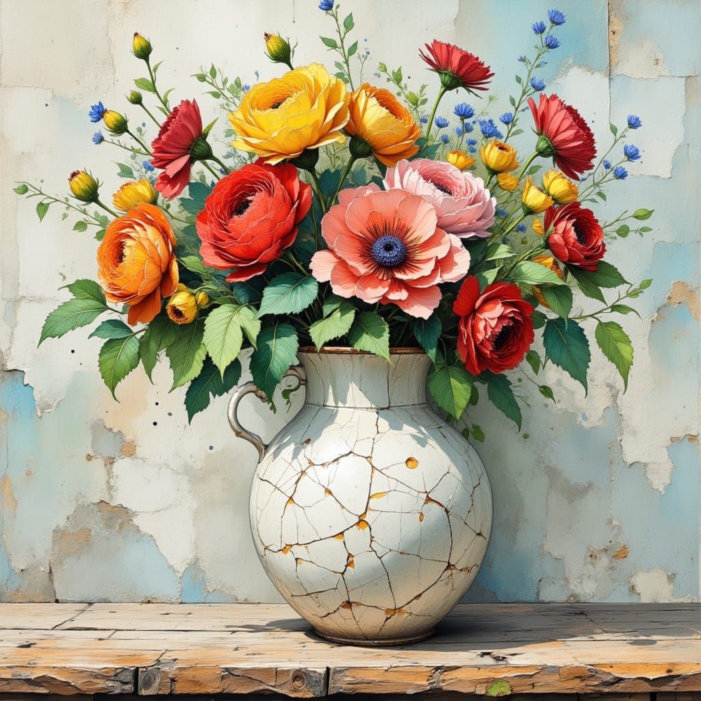 Surreal Floral Composition in a Damaged Antique Vase