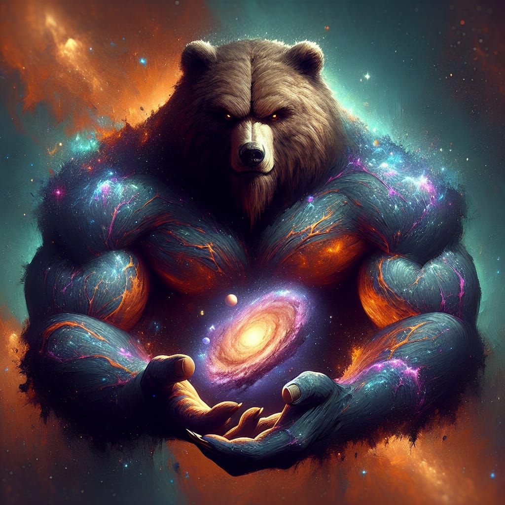 Colossal Werebear Gently Holds Galaxies: Fantasy Art