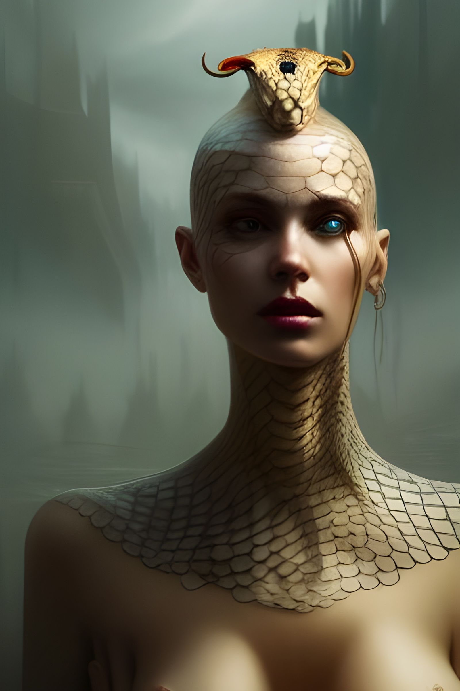 Ethereal Snake Queen with Serpent Hair, Fantasy Portrait