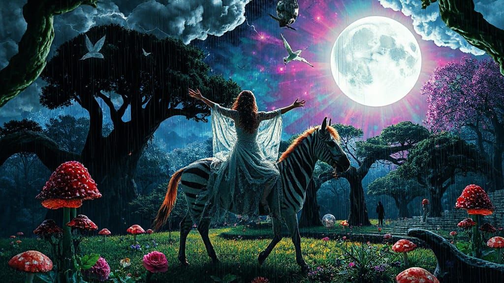 Surreal Glitch Art Goddess in Dreamlike Garden