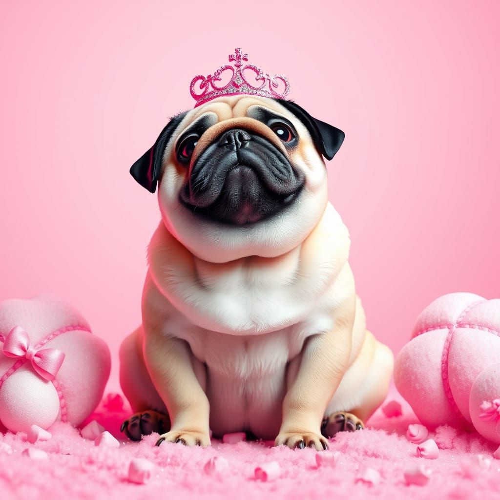 Chubby Pug Reigns in Vibrant Pink Dreamworld
