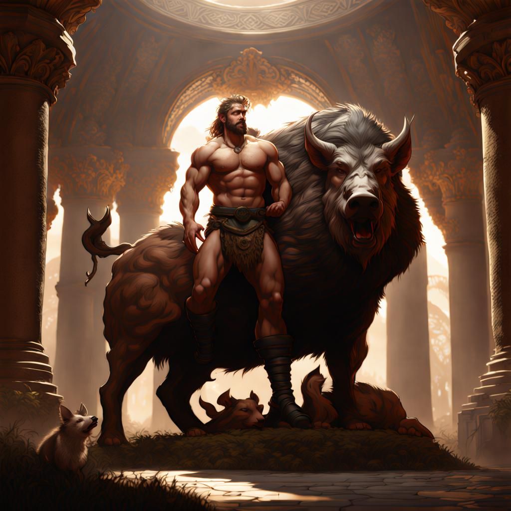 Hercules and the Erymanthian Boar: Dark Fantasy Art