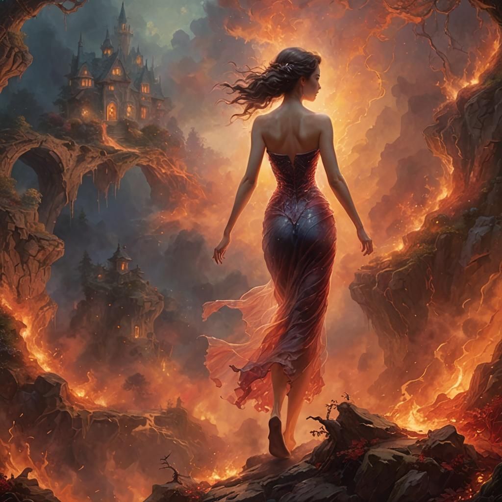 Ethereal Woman Emerges from Magma in Hellscape