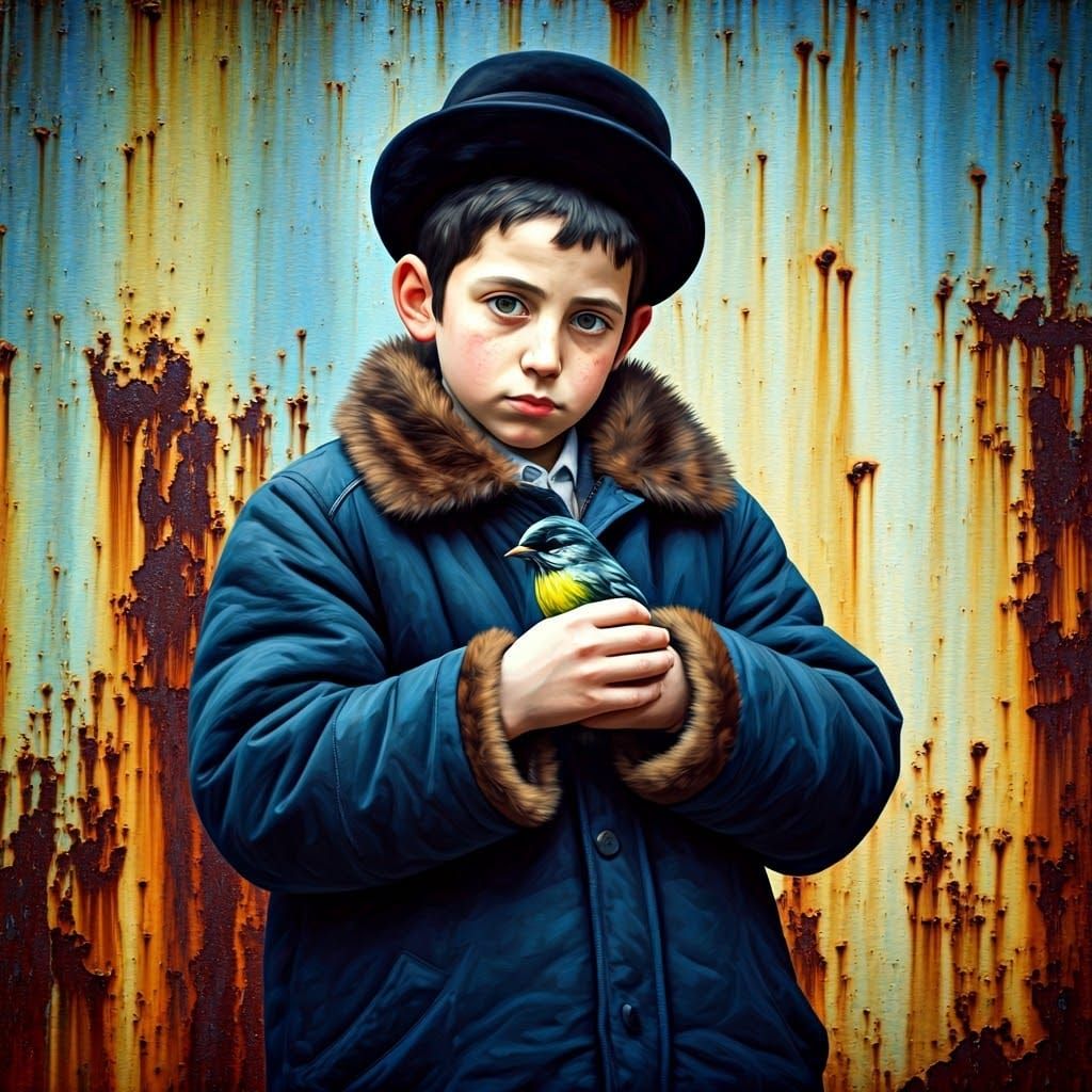 Haredi Boy Holding a Bird in a Smoky Grunge Atmosphere