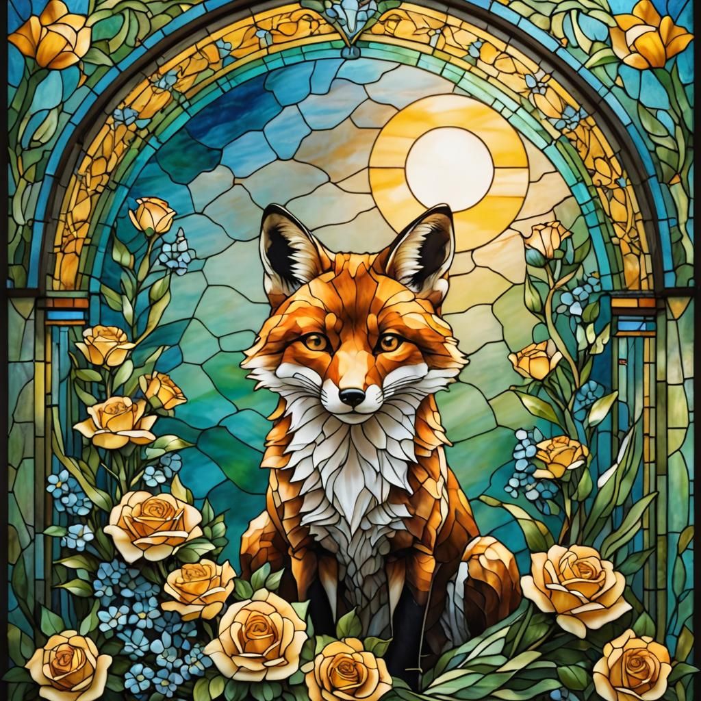 Stained Glass Fox with Roses Bouquet