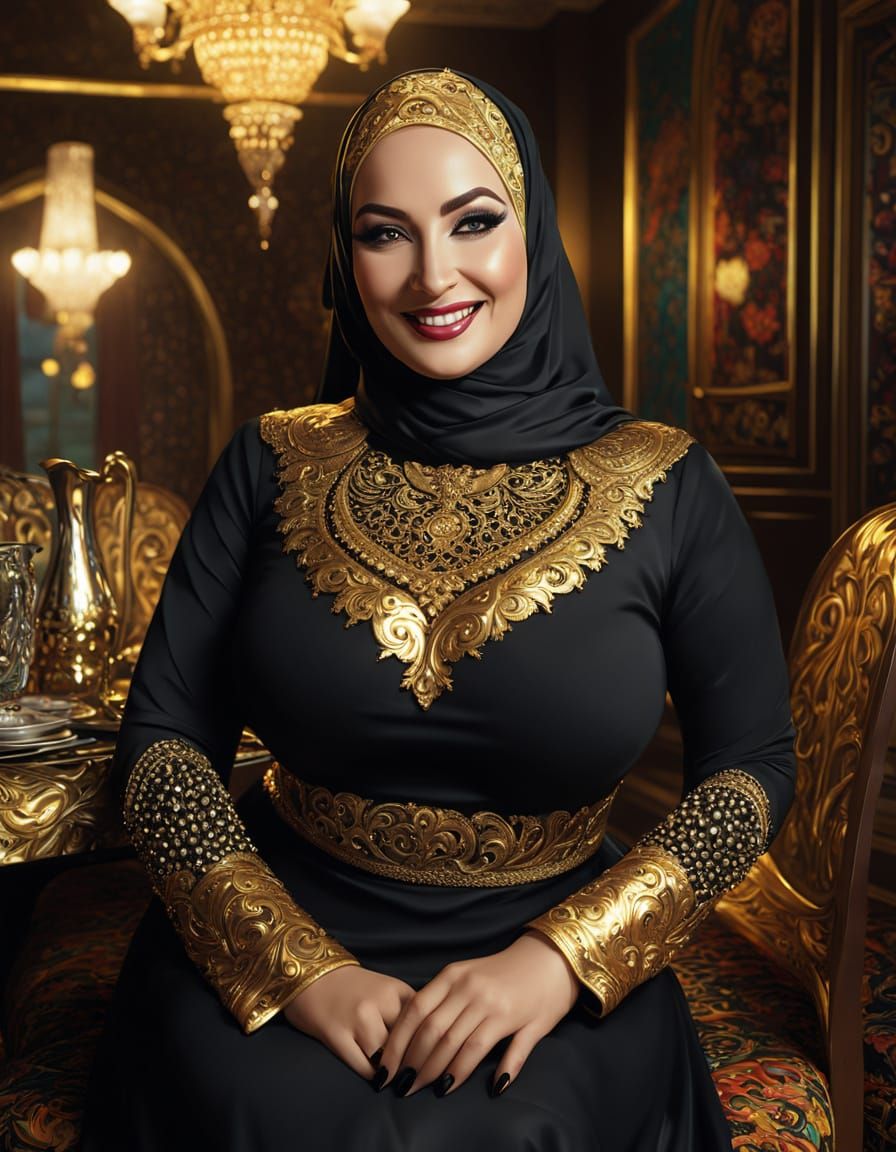 Elegant Woman in Golden Black Dress, Psychedelic Gothic Make...