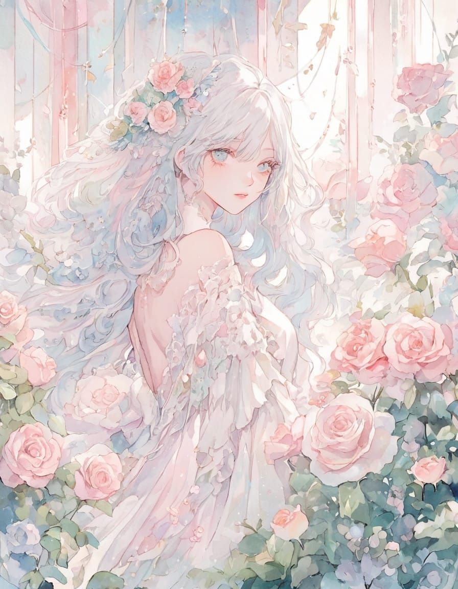 Whimsical Anime Dream Girl Amidst Pastel Roses