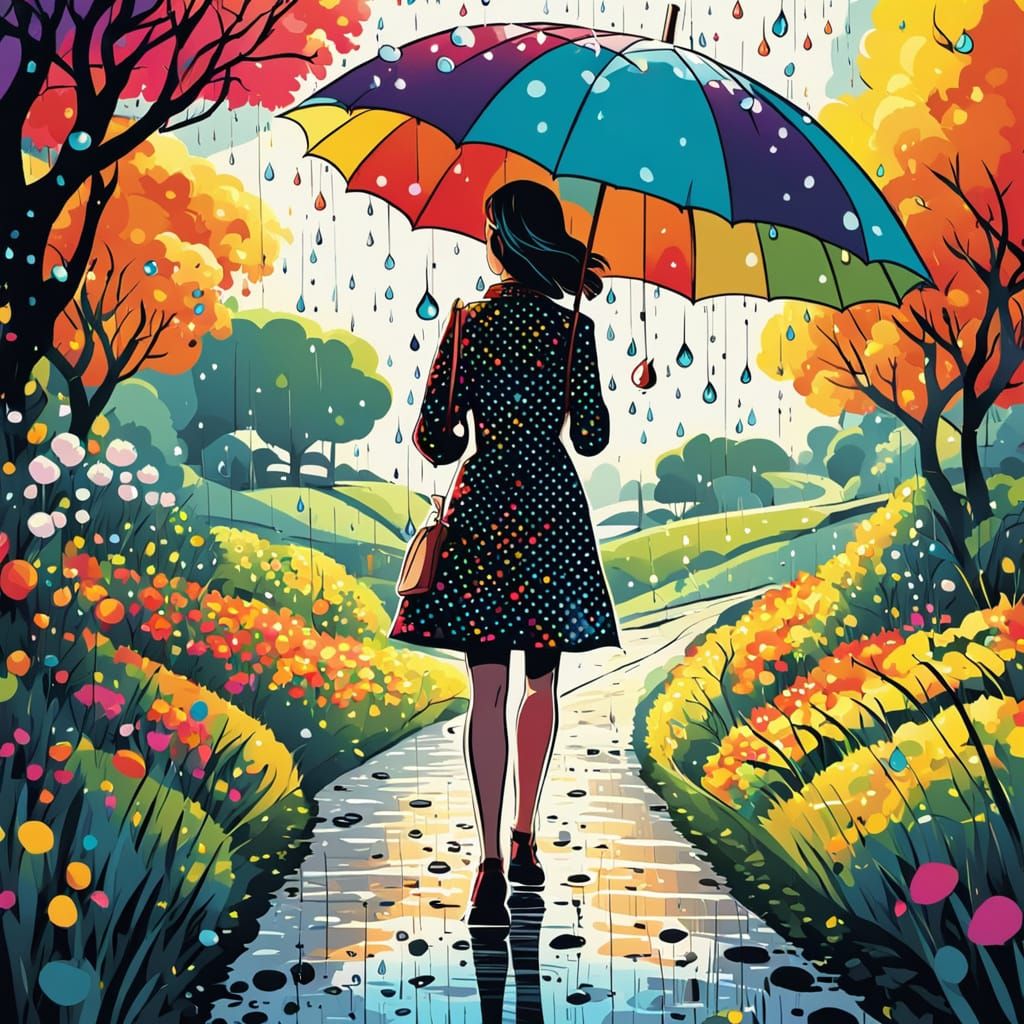 Girl with Umbrella in Retro Cartoon Style