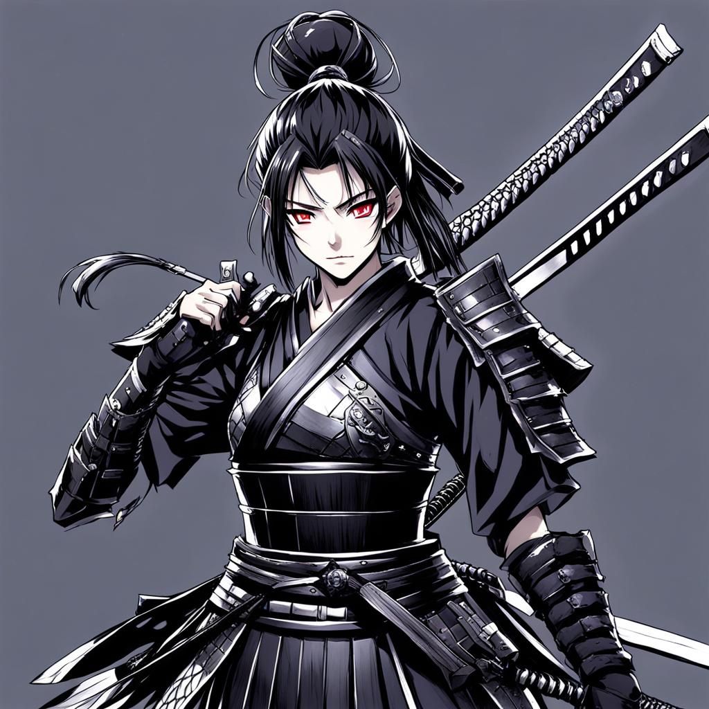 Evil Female Samurai in Black Armor: Anime Art