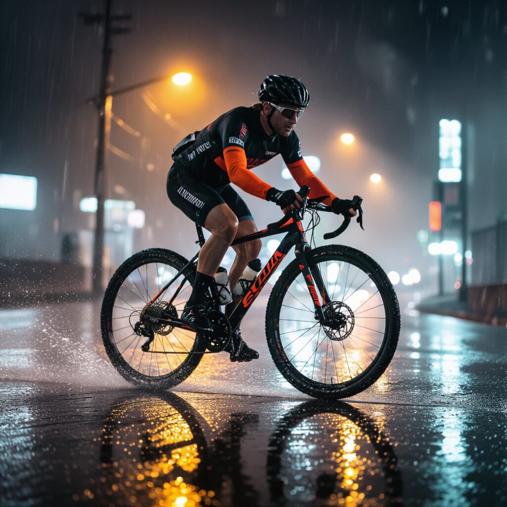 Cyclist on Fluorescent Bike, Earthquake Roads, Cinematic Lig...