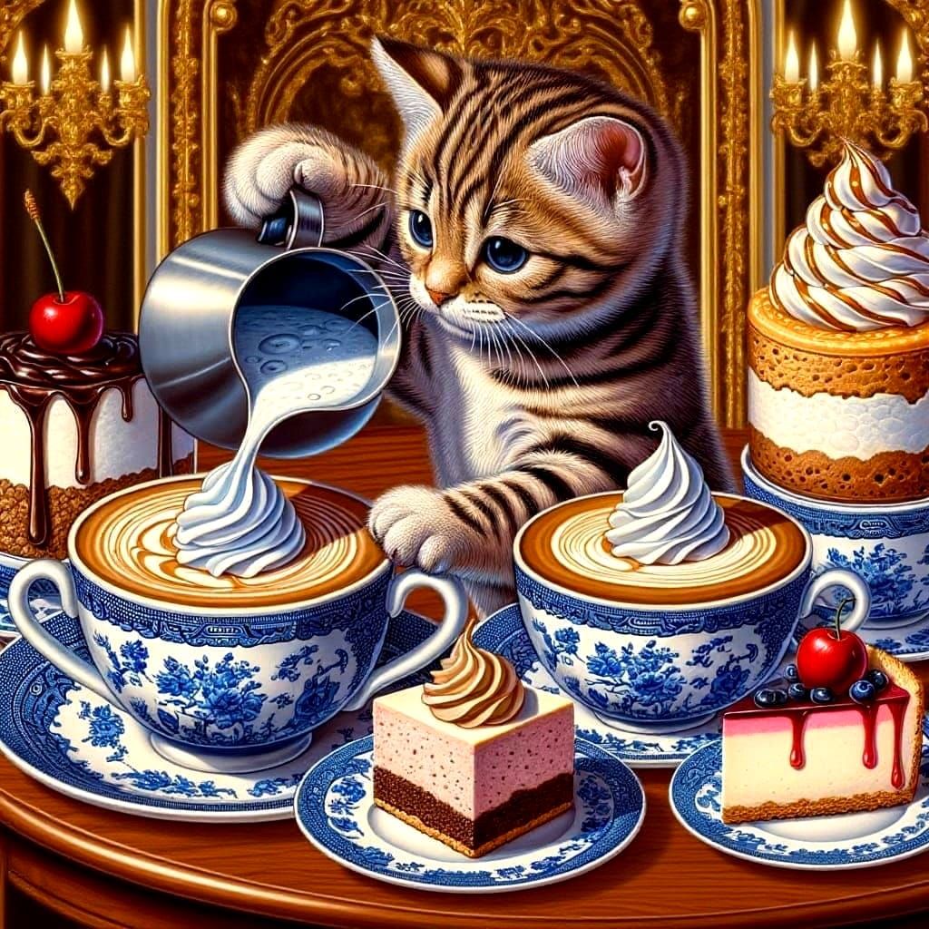 Kitten Barista Serves Cheesecake and Coffee