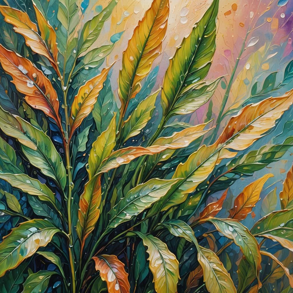 Blooming Plant in Expressionist Impasto Oil Painting