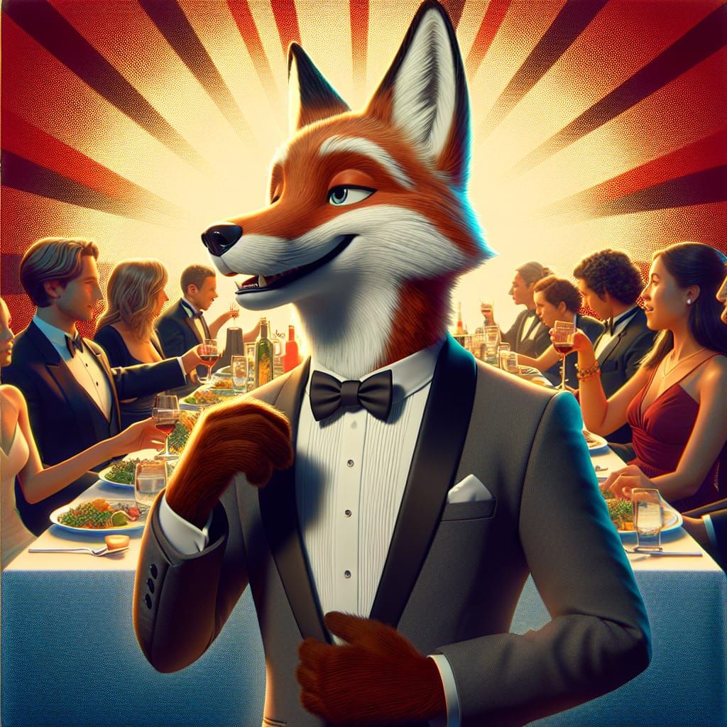 Fox in Tuxedo at Dinner Party: Digital Art