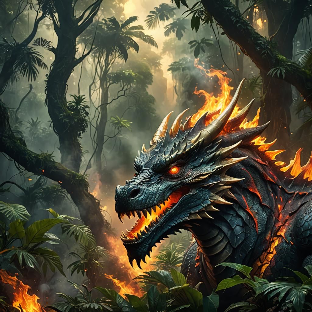 Dragon in Jungle Breathing Fire, Digital Matte Painting